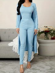 Ribbed Lounge Set Long Sleeve Robe & Tank Top & Pants