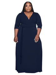V Neck 3/4 Sleeve Maxi Dress With Belt Women's Plus Casual Long Dress