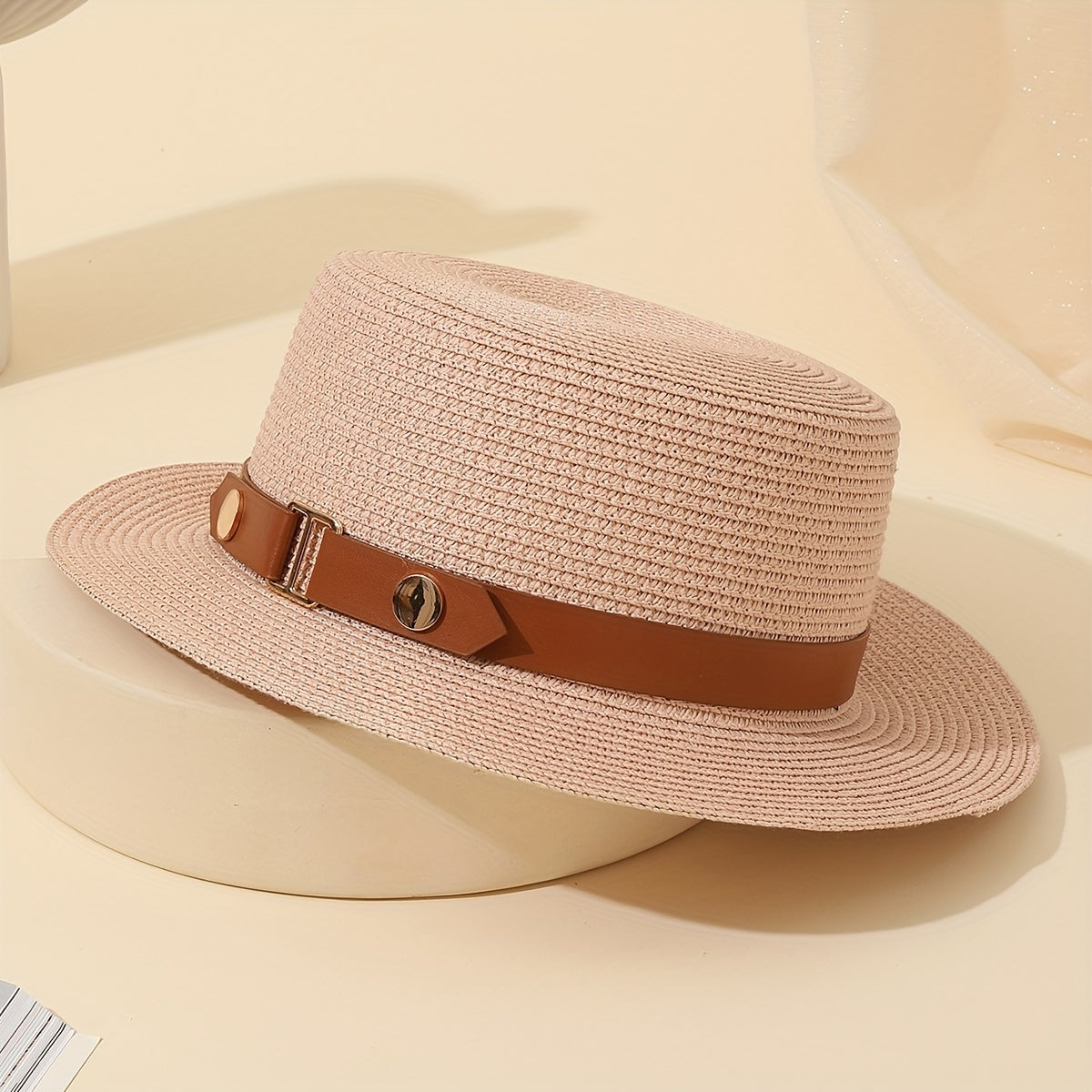 Vintage Pink Straw Flat Top Hat British Style Beach Sun Hat
