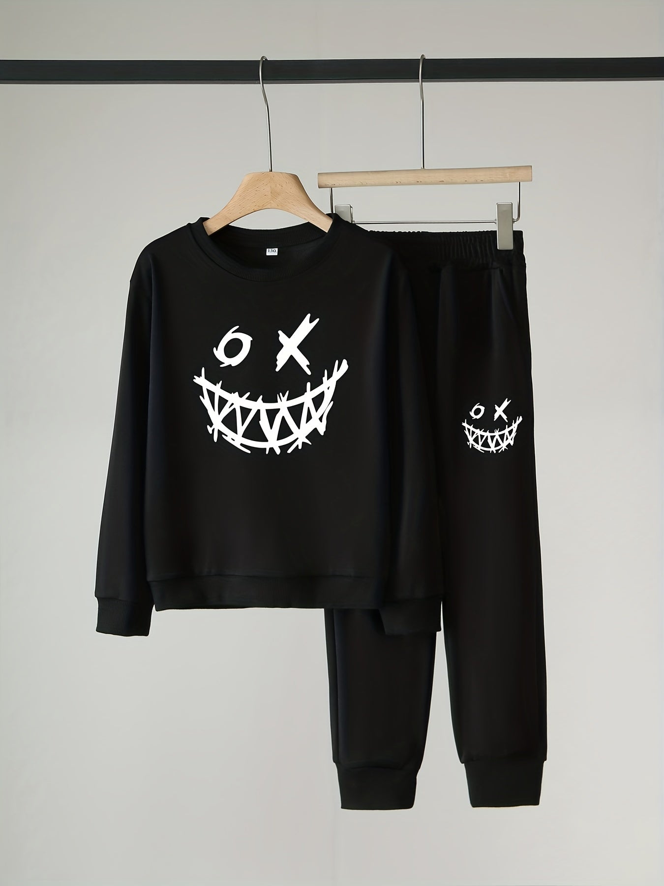 Funny Face Pattern Boy's 2pcs Sweatshirt & Sweatpants Set Halloween Style