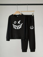 Funny Face Pattern Boy's 2pcs Sweatshirt & Sweatpants Set Halloween Style