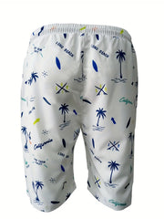 Coconut Pattern Quick Drying Beach Shorts Men's Casual Stretch Waist Drawstring