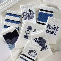 8 Pairs Letter & Striped Print Mid Tube Socks for Women