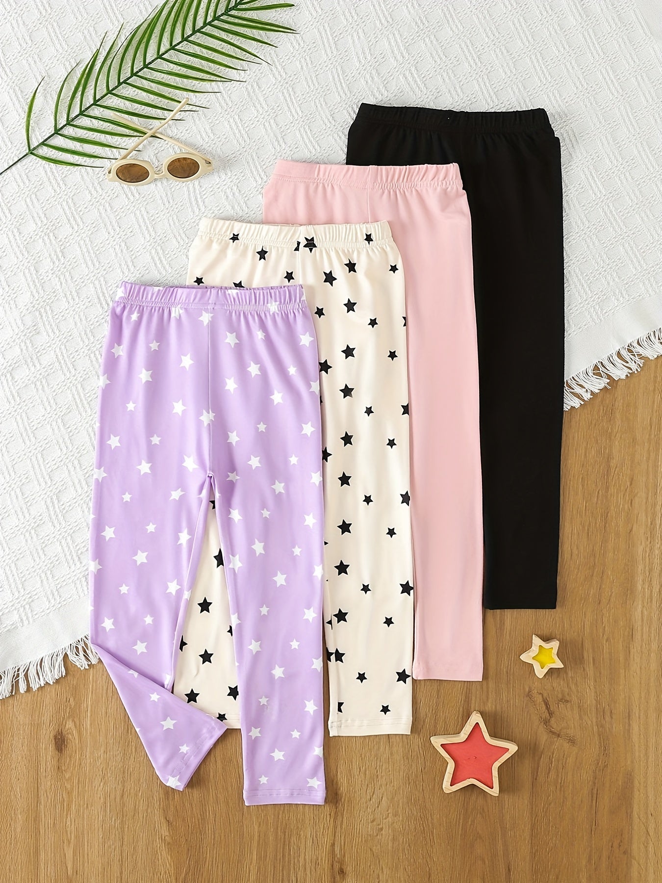 4pcs Toddler Girls Footless Leggings Cotton Stars Graphic Legging Pants