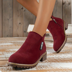 Chunky Heeled Ankle Boots Retro Round Toe Side Zipper Shoes
