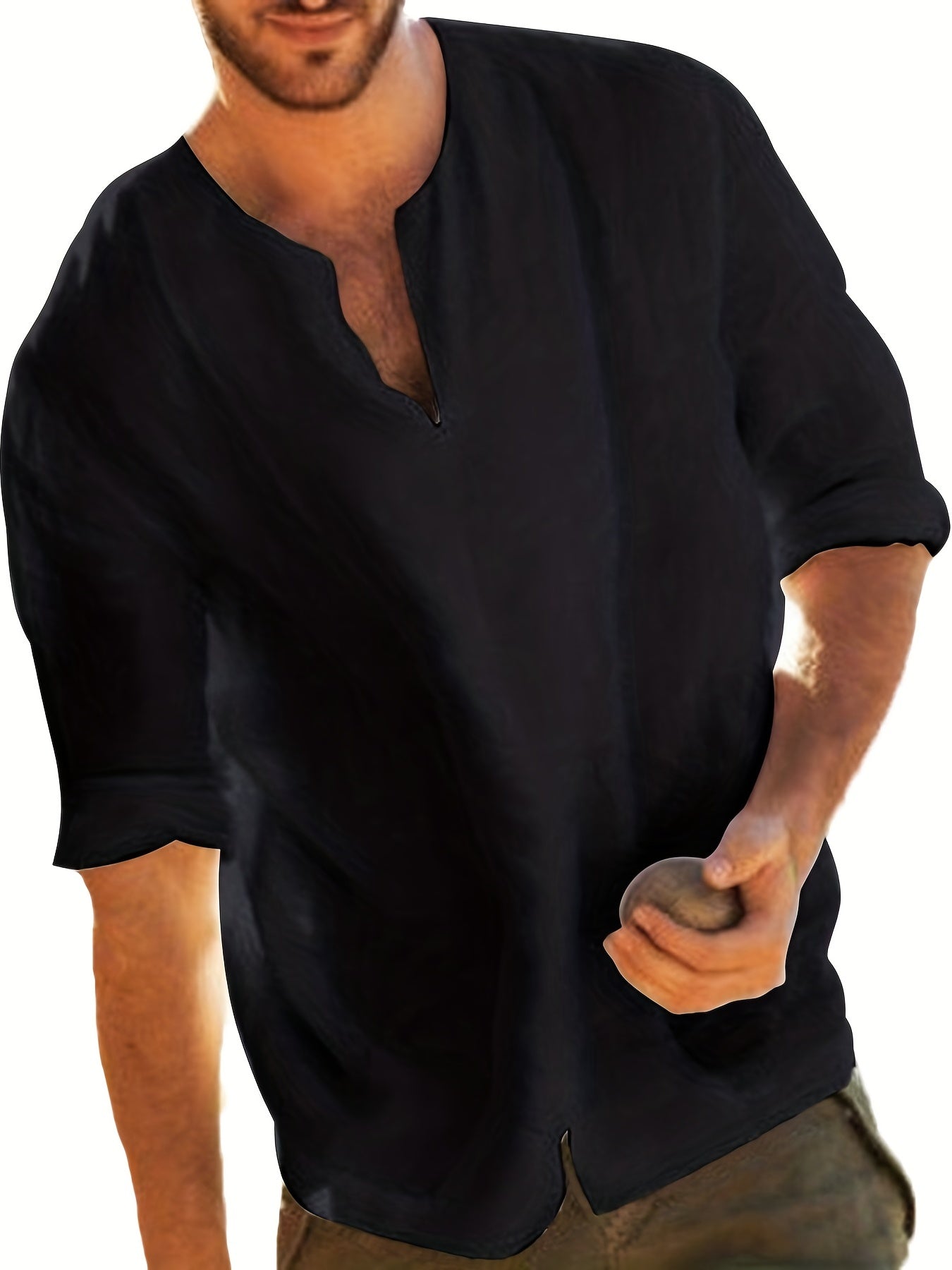 INCERUN Men's Casual Vintage V Neck Party Shirt 3/4 Sleeve Solid Beach Tee