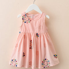Girls Sleeveless Dress with Flower Embroidery Print