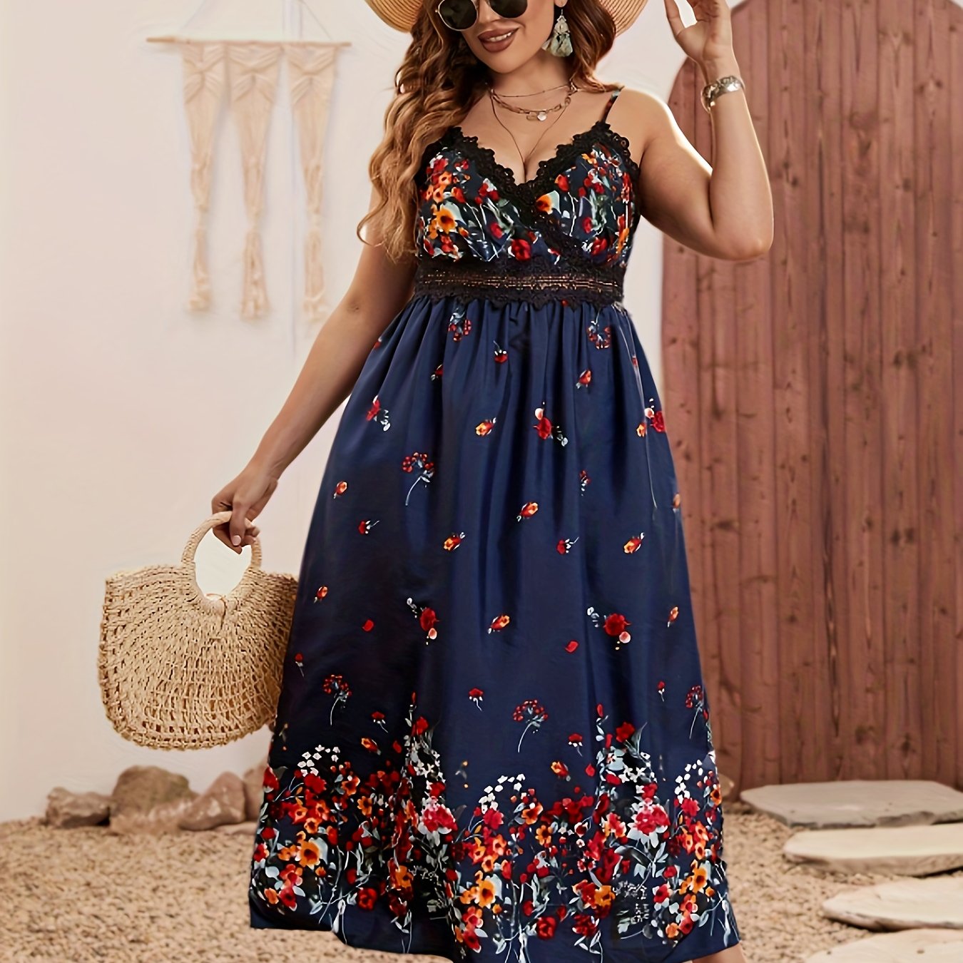 Floral Print Lace Trim Maxi Dress