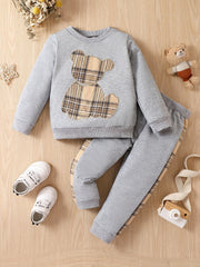 Boys 2pcs Sweatshirt & Elastic Waist Pants Plaid Bear Patched
