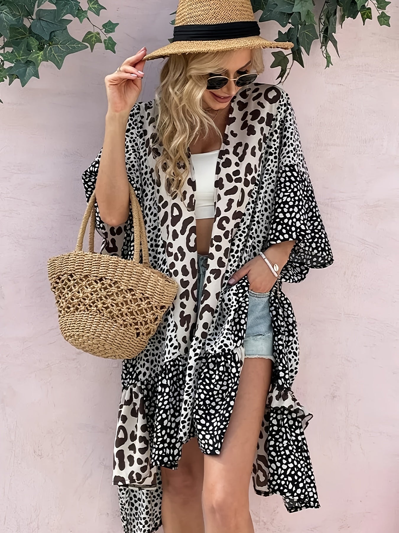 Leopard Print Cover Up Shirt Kimono Sleeve Robe