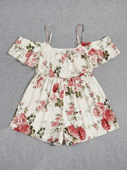 Floral Print Cold Shoulder Ruffle Trim Short Sleeve Romper