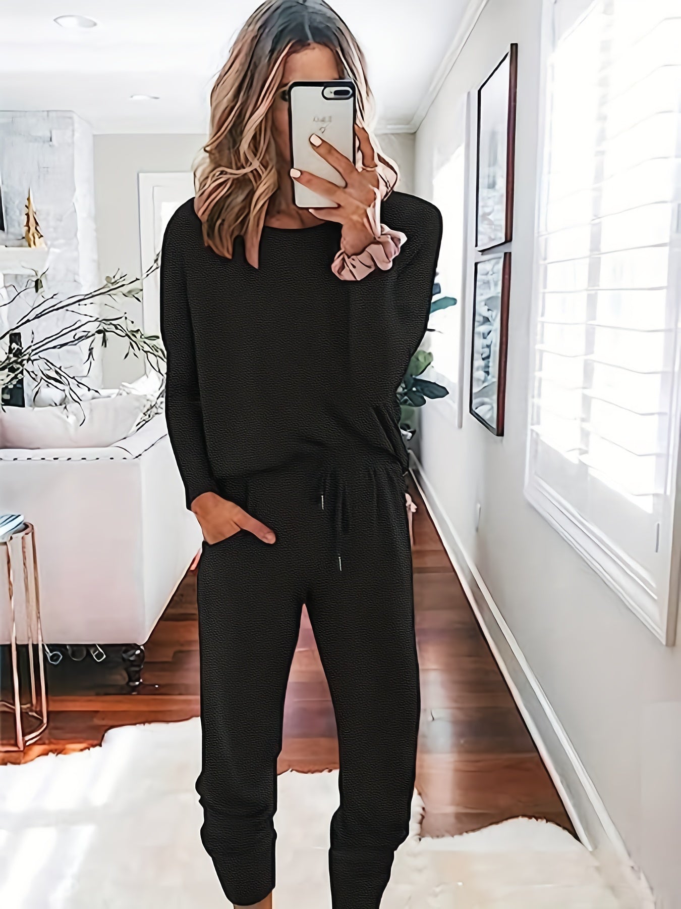 Solid Casual Two piece Set Crew Neck Long Sleeve Tops & Workout Pants