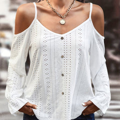 Women's Eyelet Embroidery Cold Shoulder Bell Sleeve Blouse