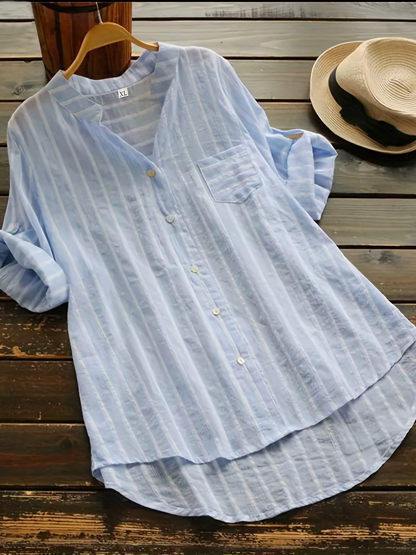 Stripe Print Button Up Short Sleeve Blouse