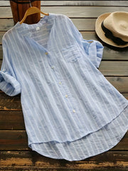 Stripe Print Button Up Short Sleeve Blouse