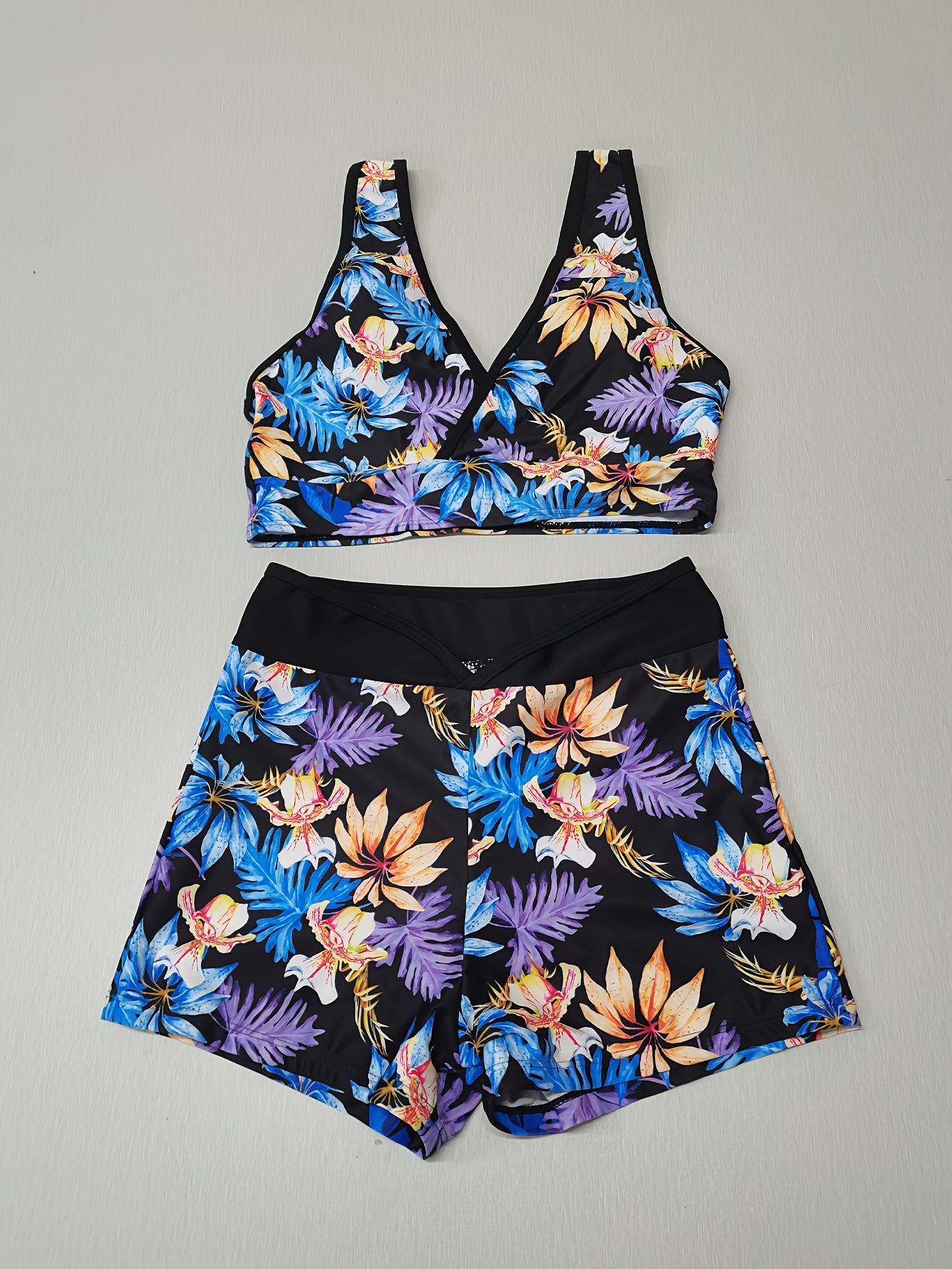 Tropical Plant Print Deep V Neck Two Pieces Set Tankini Swimsuit