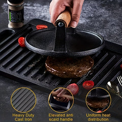 Outdoor Cast Iron Grill Press with Wooden Handle for Bacon Burger Steak