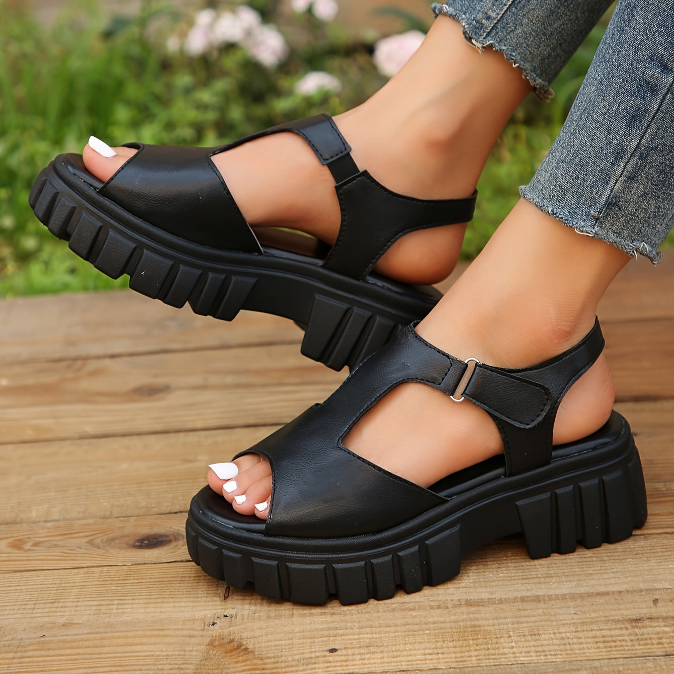 Women's Platform Sandals Hook & Loop Fastener Cutout Breathable Thick Sole