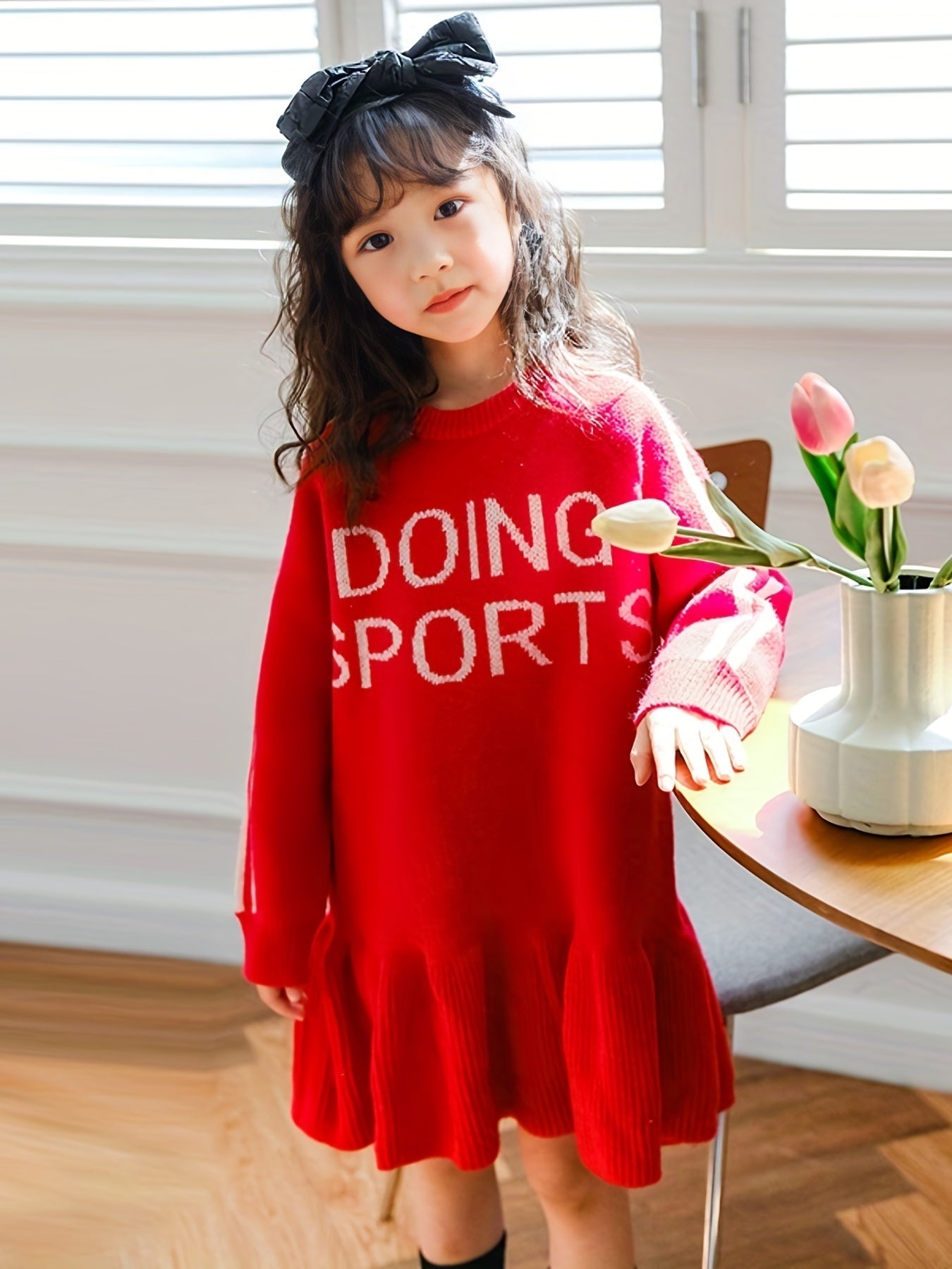 Girls Comfy Letter Print Sweater Dress Warm Longline Dress Kids Clothes