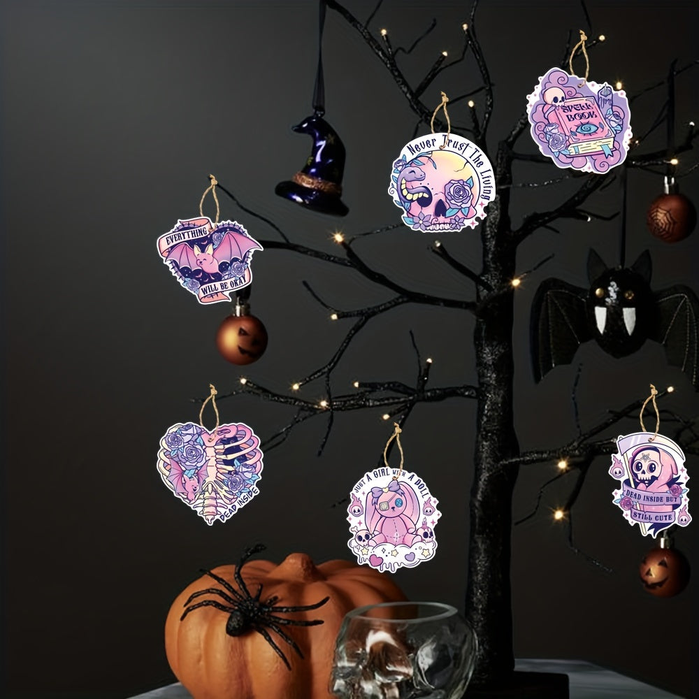 6Pcs Halloween Hanging Ornaments Pink Decor Skulls Bat Heart Bear Spiders