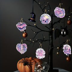 6Pcs Halloween Hanging Ornaments Pink Decor Skulls Bat Heart Bear Spiders