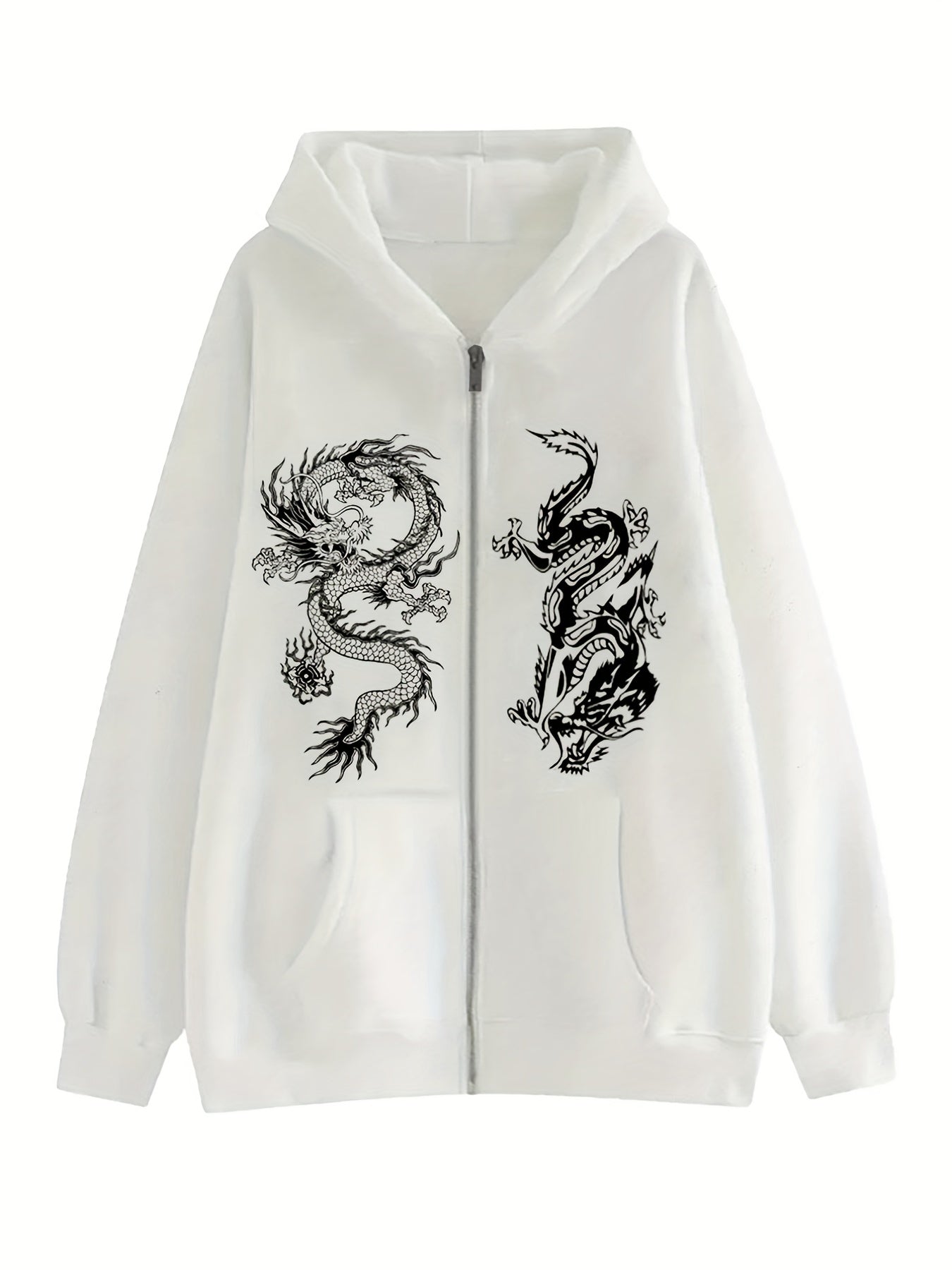 Dragon Print Zip Up Hoodie with Kangaroo Pocket for Women