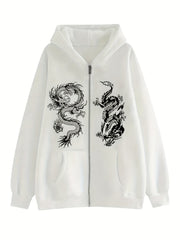 Dragon Print Zip Up Hoodie with Kangaroo Pocket for Women