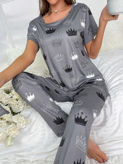 Crown Print Pajama Set Short Sleeve Crew Neck Top Elastic Waistband Pants