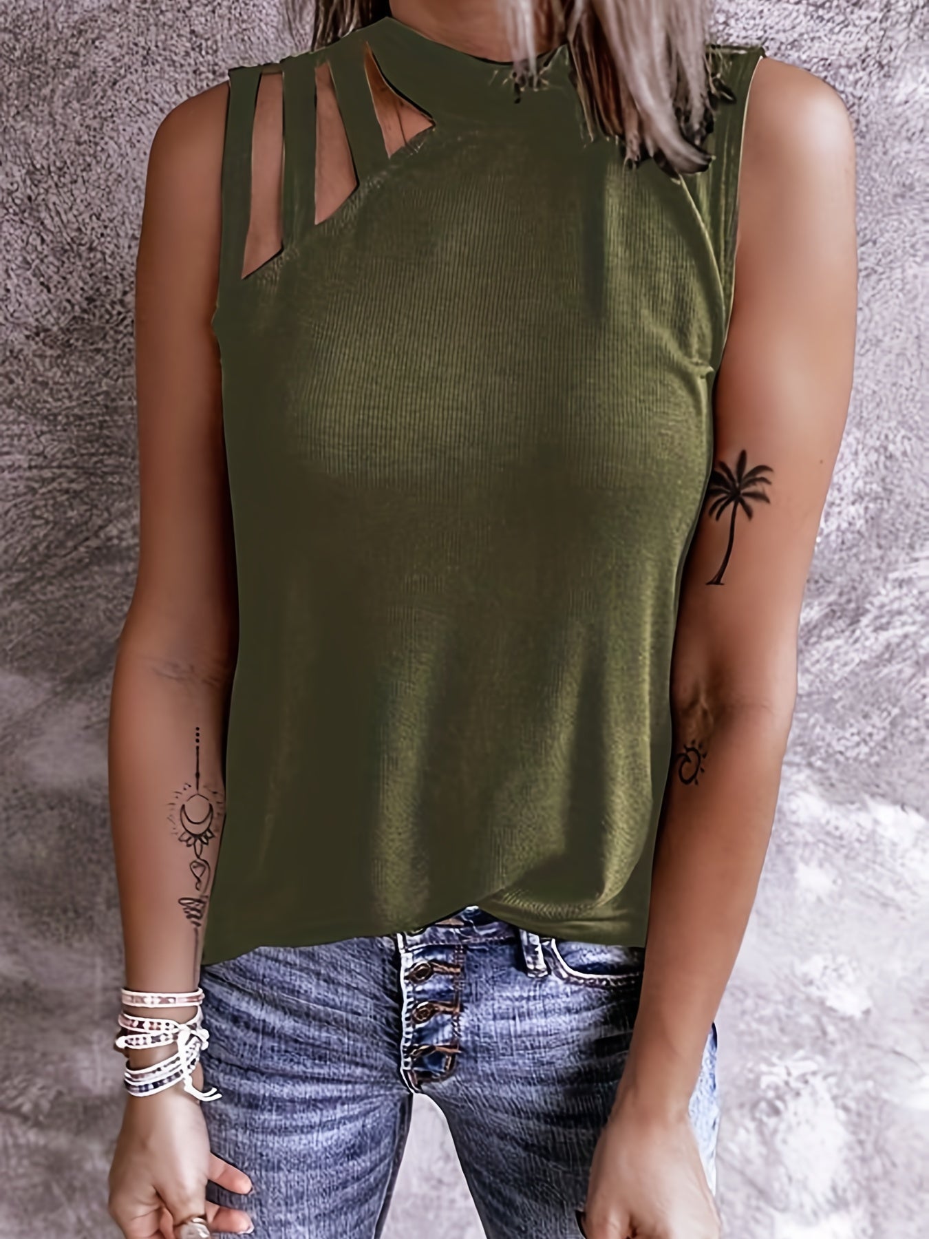 Solid Ribbed Cut Out Mock Neck Tank Top