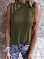 Solid Ribbed Cut Out Mock Neck Tank Top