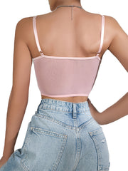 Floral Embroidery Mesh Cami Top Lace-Up Corset Bra Women's Lingerie