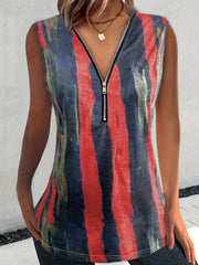 Colorblock Brush Print Zipper V Neck Tank Top