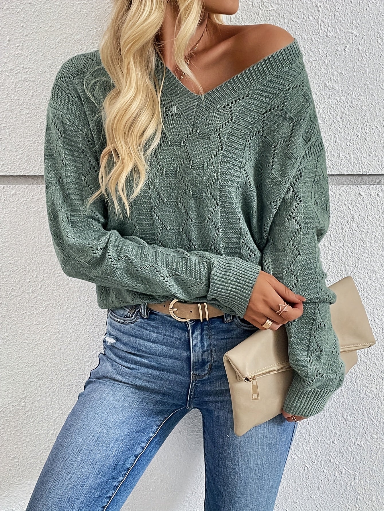 Eyelet V Neck Pullover Sweater for Fall & Winter
