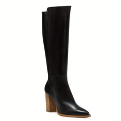 Women's Stacked Heel Knee High Boots Pointed Toe Side Zipper Long Boots