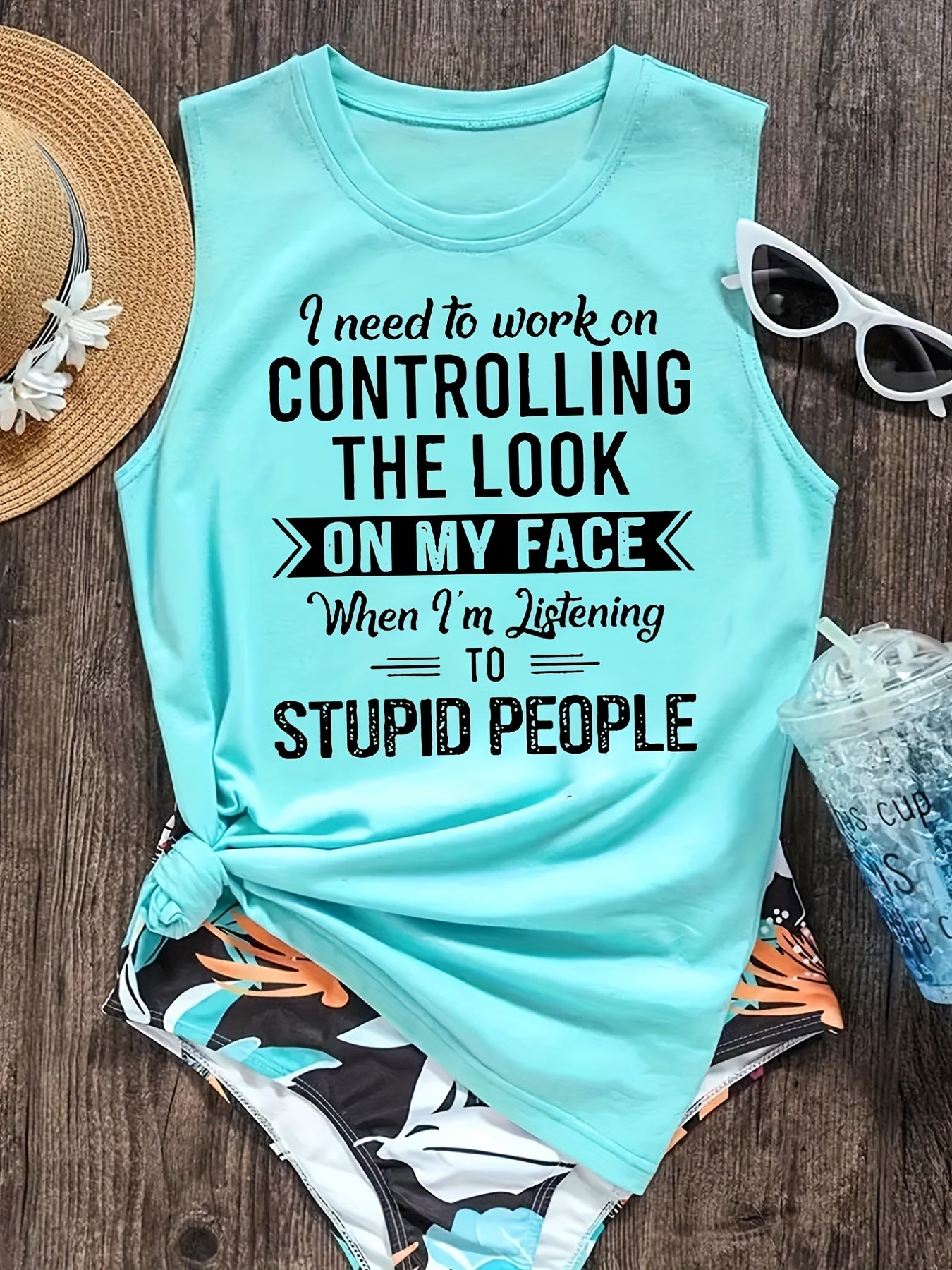 Letter Print Tank Top Crew Neck Casual Top For Summer & Spring Women's Clothing