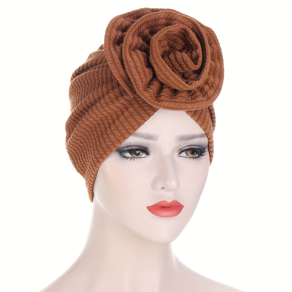 Embossed Plate Flower Turban Cap Vintage Elastic Head Wrap