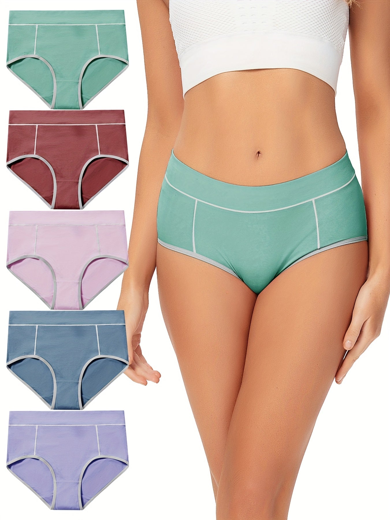 5pcs Colorblock Trim Briefs Comfy Stretchy Intimates Panties