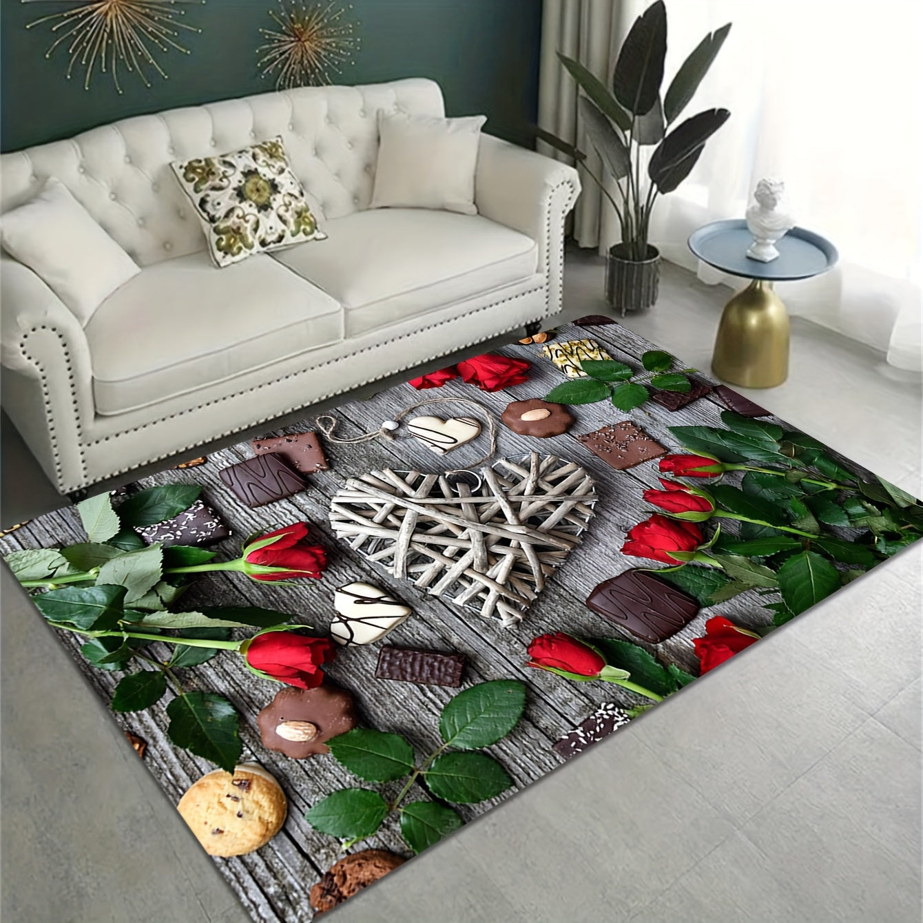 Heart Pattern Rug Red Rose Print Mat Washable Rectangular Carpet