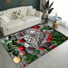 Heart Pattern Rug Red Rose Print Mat Washable Rectangular Carpet