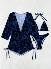 Geometric Print Bikini Sets Halter V-Neck High Cut Drawstring Cover Up Swimsuit
