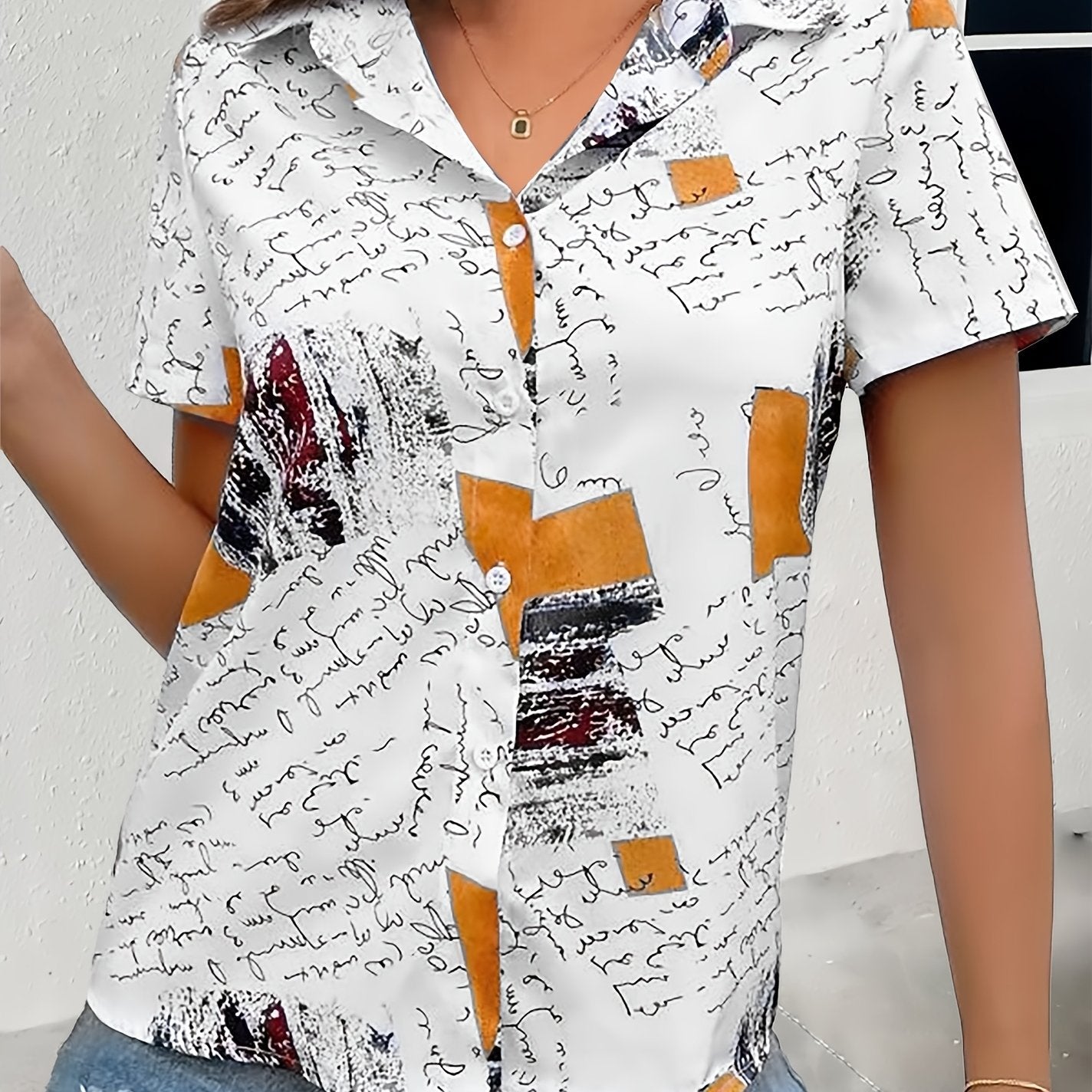 Women's Plus Size Geo & Art Letter Print Short Sleeve Blouse