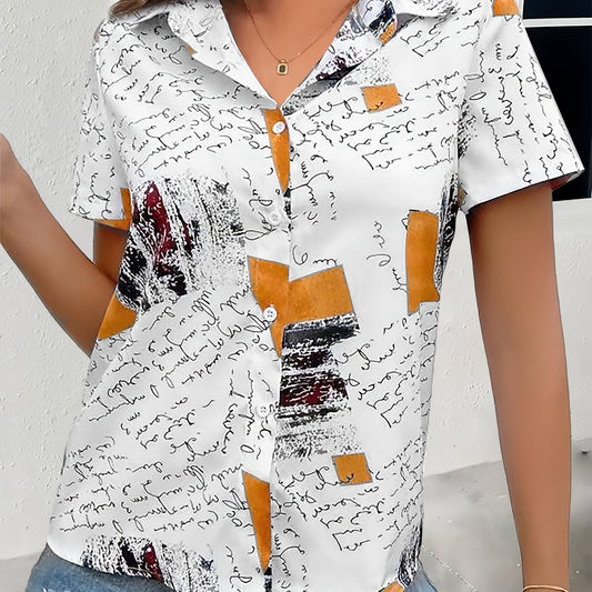 Women's Plus Size Geo & Art Letter Print Short Sleeve Blouse