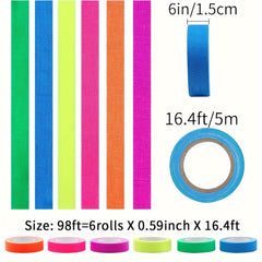 6 Pcs UV Blacklight Reactive Neon Gaffer Cloth Tape 6 Colors 0.59inch 16ft