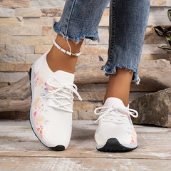 Women's Flower Pattern Knit Sock Sneakers Lace Up Shoes