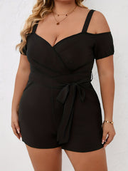 Cold Shoulder Short Romper With Belt V Neck Casual Romper