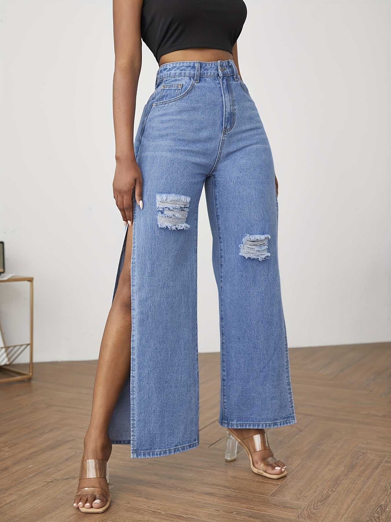 Loose Fit High Rise Denim Pants with Ripped Holes