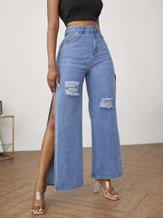 Loose Fit High Rise Denim Pants with Ripped Holes