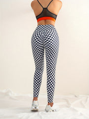 Checkerboard Print High Waist Sports Pants Butt Lifting Stretchy Workout Trouser