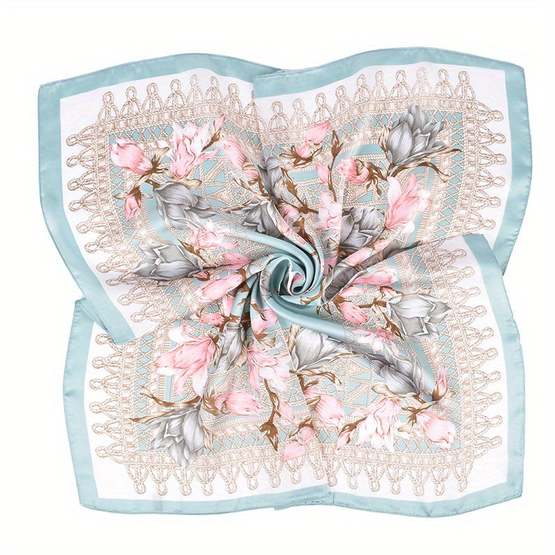 Floral Print Silk Square Scarf Bandana Shawl Neck Hair Accessory