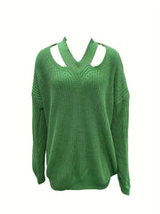 Casual Sweater Solid Knitted V Neck Pullover